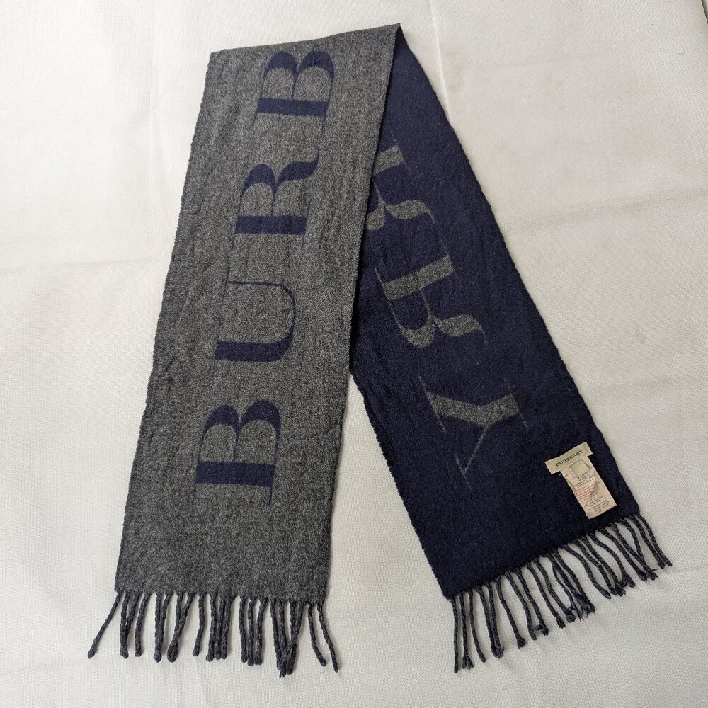 Burberry Big Logo Solid 90% Wool & 10% Cashmere Gray/Blue Scarf - United Kingdom